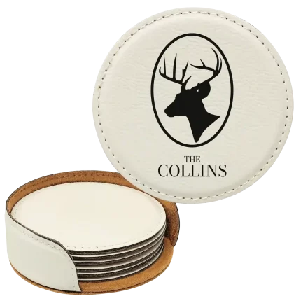 Personalized Deer Family Name Round Leatherette Coasters Set of 6 - White