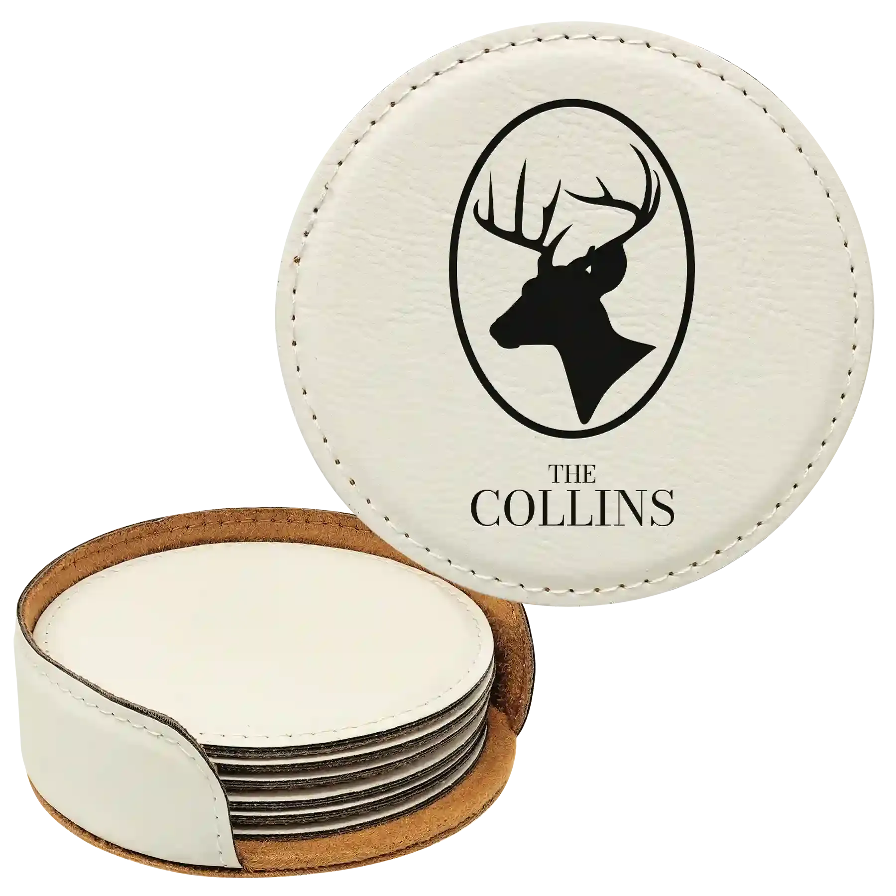 8lPersonalized-Deer-Family-Name-Round-Leatherette-Coasters-Set-of-6-White