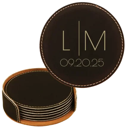 Personalized Minimal Wedding Round Leatherette Coasters Set of 6 - Black Gold