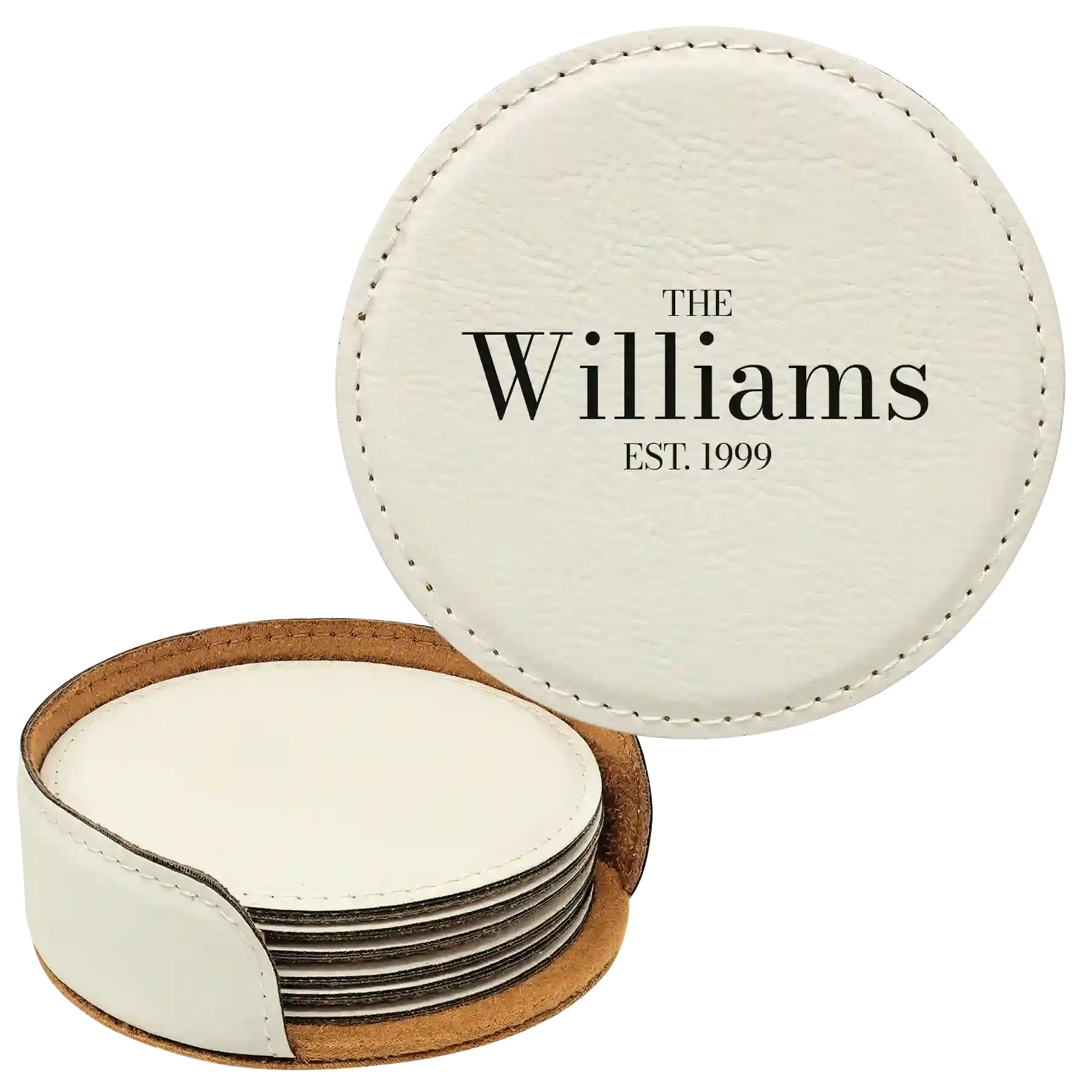 9ePersonalized-Family-EST-Round-Leatherette-Coasters-Set-of-6-White