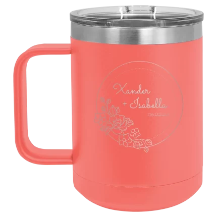 Personalized Floral Circle with Text Wedding or Anniversary 15 oz Mug - Coral