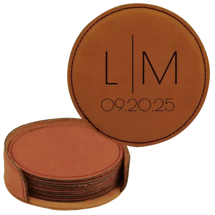 Personalized Minimal Wedding Round Leatherette Coasters Set of 6 - Rawhide