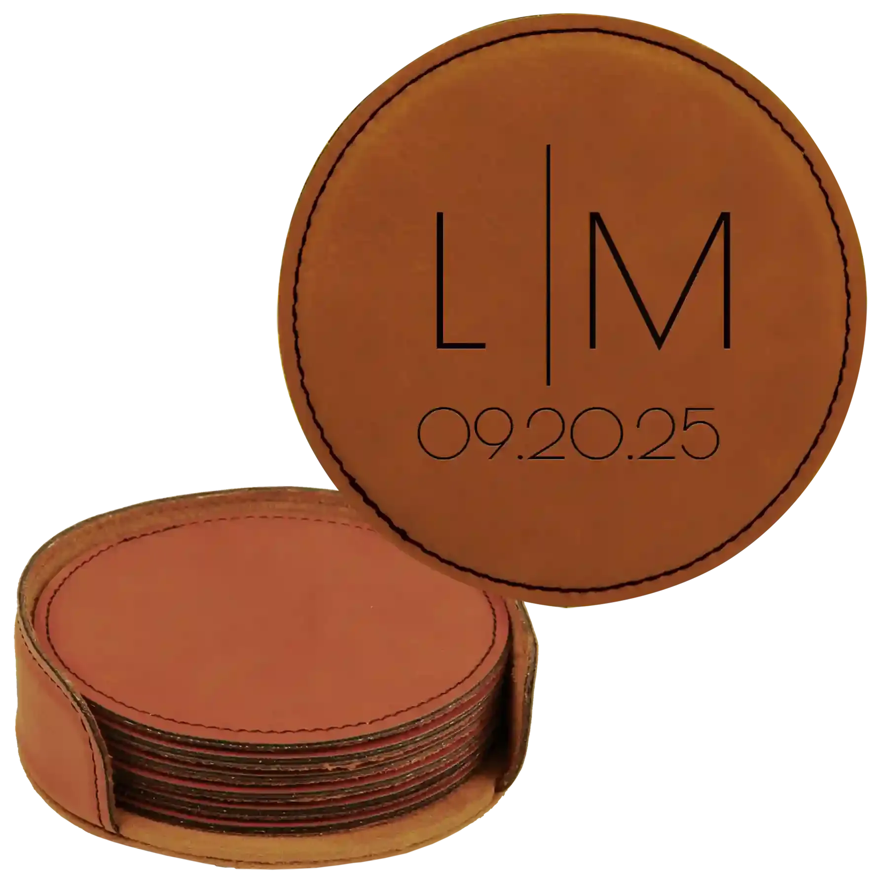 9kPersonalized-Minimal-Wedding-Round-Leatherette-Coasters-Set-of-6-Rawhide